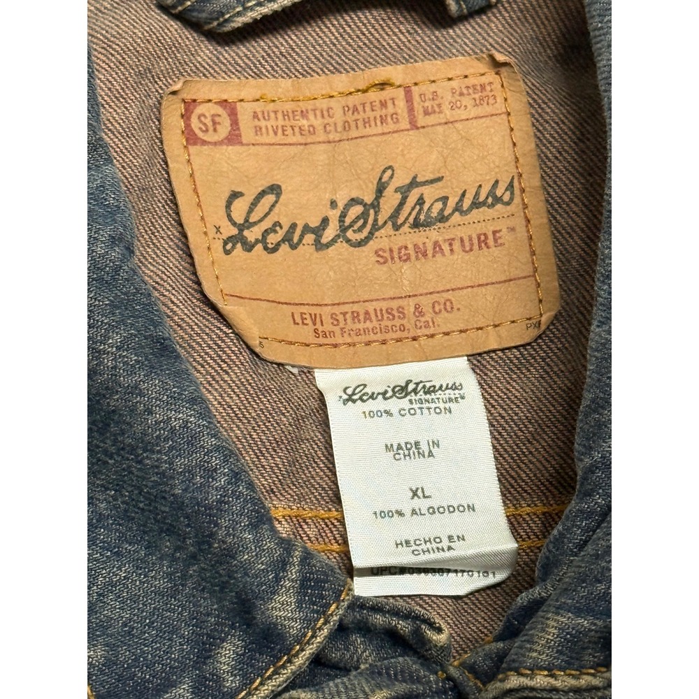 Levi Strauss Signature Mens XL Denim Trucker Jacket Dark Wash Blue Cotton Coat - Picture 3 of 4